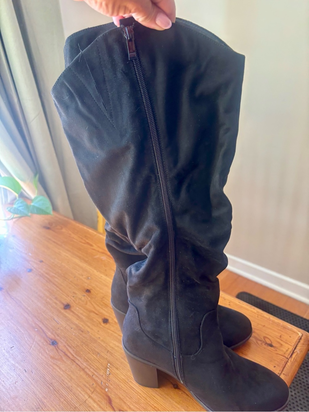 Womens Black Suede Heeled Knee Boots
